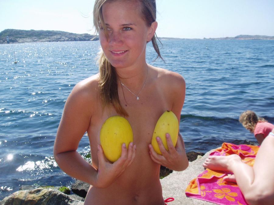 College Girl Covering her Tits while Topless with 2 Fruits - ENF.