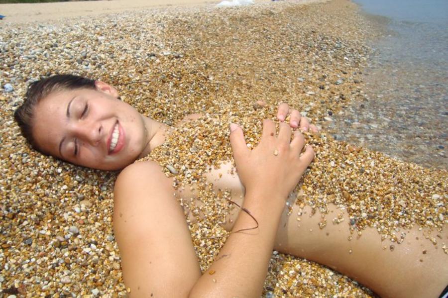 Embarrassed Woman is Shy with Sand Covering her Breasts at the Beach - ENF.