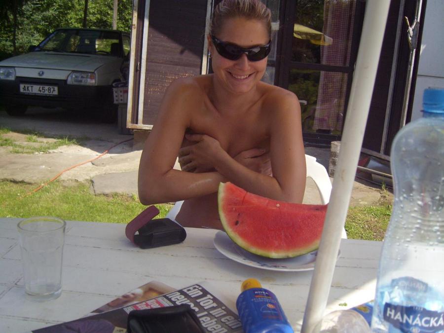 Embarrassed Woman is Naked with Fruit Covering her Boobs - ENF.